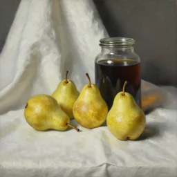still life of pears and jars over drapery, artwork by tim hildebrandt