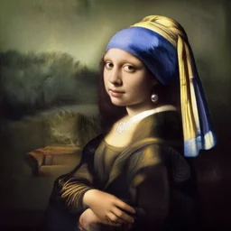 mona lisa as the girl with the pearl earring in the style of vermeer