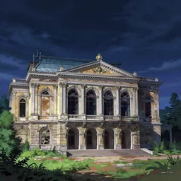 a beautiful hyperdetailed anime illustration of abandoned architecture opera house nature by frederic edwin church, at night vaporwave landscape, archdaily, wallpaper, highly detailed, trending on artstation.