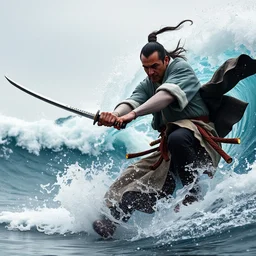 man, warrior with katana of water wave, full body, water fists of fury, crazy hate face, jumping leaping heroic attack, action scene, irving penn, photography, ultra detailed, 4 k