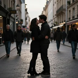 silhouette of a couple holding on to each other tightly while kissing passionately, bustling pedestrianized Street in a French city, street photography