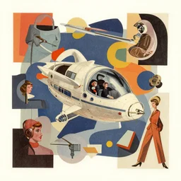 an abstract mid - century modern collage of random shapes cut from vintage science and fashion magazines depicting the future of space travel as imagined in 1 9 5 6 in the usa.