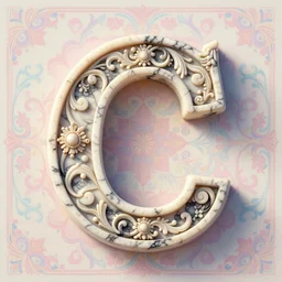 a 3 d render of letter c made from marble, the style of rococo, caligraphy, wes anderson background, intricate details, ancient swirls, pastel colors, colorful, octane render, digital painting, hyperdetails, unreal engine, letter design, type design, featured behance type design, ivory and black marble, museum piece, dynamic light,