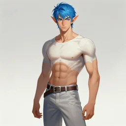 a calm young adult male muscular slim blue elf with gey light clothes character design by greg rutkowski