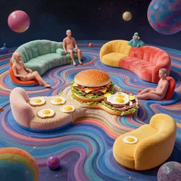 psychedelic trippy couch in space, experimental mess, transitioning couch, non discrete couch, musical couch, small but dominant couch, wavy trippy world couch, rice burger couch, steak and eggs couch, hairless, bald, shaven couch, no eyebrows, skin couch, weird people couch