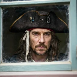 russell crowe wearing a pirate hat behind a window staring towards the camera