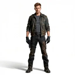 battle-worn secret agent with gadgets, photorealistic portrait photography, full body, standing, isolated on a pure white background, centered, whole figure in frame, sharp focus, studio lighting