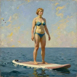 painting of a swedish women on a sup wearing a bikini, by bruno liljefors