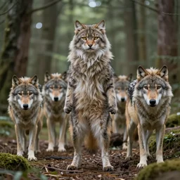 furry cat woman in a forest 8 b? 4 with real wolves