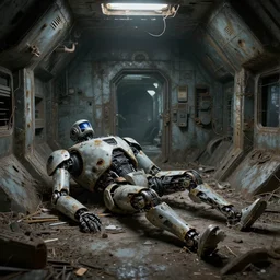 Inside of a derelict and abandoned futuristic bunker.A single destroyed robot lying on the ground.High quality , highly detailed, 4k , dead space , system shock 2