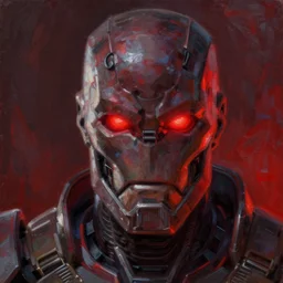 indirect portrait of ultron, red glow, warframe, oil painting, trending on artstation, ultradetailed, intricate, brush marks