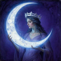 a renaissance painting by moebius of the modern reincarnation of the old selenium god of hunt also known as artemixel the selene carrying the celebrated crown of the crescent moon wich its usual bright and slightly bluish crescent, sci - fi blue and purple color scheme!!!!, artstation, by moebius!!!!, detailed academic bouguereau, sharp focus