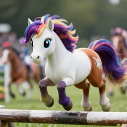 action shot from a distance of 2 0 m of a hybrid my little pony ( appaloosa horse ), professional, high quality, multi colored saturated mane, a horse is at a steeplechase event, 4 k, dof, bokeh, action, dramatic lighting, photorealistic, detailed, hq, photorealism, digital art