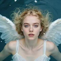 a beautiful blonde girl like a angel of anya taylor - joy floating under the deep water, white petal, by personal photography, art by brookskim, closeup, 4 k, highly detailed, instagram