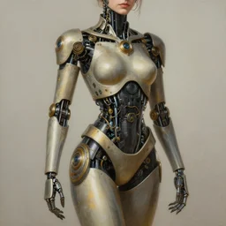 ultra realistic painting of half woman half robot in steampunk style. highly detailed. elegant, centered, fine details