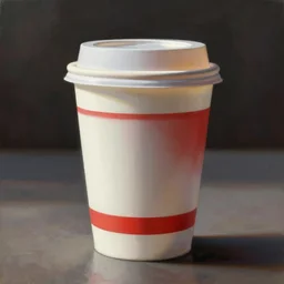 white paper cup with red strip!!!, hyperrealistic, highly detailed, cinematic, volumetric sunlight, beautiful, cgssociety, artstation, 8 k, oil painting by greg rutkowski, by artgerm, by wlop