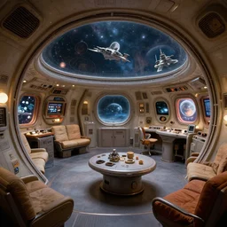 cozy starship quarters. interior design. porthole planet. ralph mcquarrie scenes. art by keith parkinson, walter simonson, gerald brom. wide angle, cassettefuturism, cycles, retrobattlestations