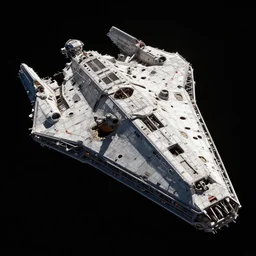 professional digital art of an immense complex and angular spaceship in pitch black outer space, with a meteorite hole in the hull