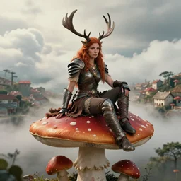 a photo of an armored woman warrior redhead with antlers sitting on a giant red cap mushroom that covers a whole village and reaches above the clouds by luis royo. intricate. lifelike. soft light. sony a 7 r iv 5 5 mm. cinematic post - processing