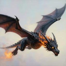 dragon flying in the skies, black scales, fire, golden glowy eyes, majestic, high fantasy, good, smooth, sharp focus, pastel painting, by artgerm and greg rutkowski and alphonse mucha