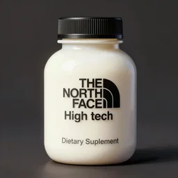 the north face high tech dietary supplement bottle filled with dense white liquid, round bottle, black top, concept art, matte, sharp focus, illustration, art by aenaluck,