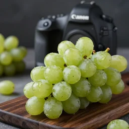 photograph of delicious green grapes on a dark wooden chopping board, professional food photography, photorealistic, depth of field, 4 k, canon 1 d, bohek