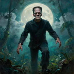 by frazetta , panoramic close up of realistic frankenstein , epic pose , full body backlight ,top light ,full body portrait ,highly textured oil painting ,jungle ,cyan graveyard  with backlight from the moon ,foggy background ,with  dramatic sky ,clouds and giant oversized moon and storm