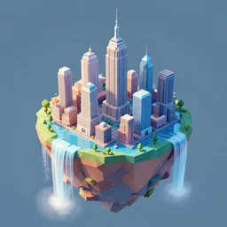 low poly art of a round floating island in the sky with the skyscrapers of New York on it, surrounded by waterfalls, isometric art, 3d render, ray tracing, high detail, artstation, concept art, behance, smooth, sharp focus, ethereal lighting, unreal engine 5