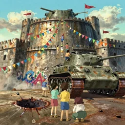 memorable animation key shot, vanishing point, kids climbing up the yamato schwerer gustav!!!!, colorful bunting, impact crater, flags, dripping paint, grafitti!!!!!!!!!!!!, rust, ghibli, fortress, by mandy jurgens, by satoshi kon, ilya