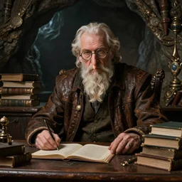 an epic fantasy comic book style portrait painting of an aging man wearing with a long nose wearing glasses sitting behind a desk full of books in a cave, unreal 5, daz, hyperrealistic, octane render, cosplay, rpg portrait, dynamic lighting