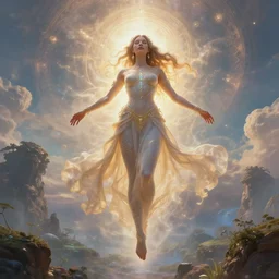 overdetailed maximalist fullbody portrait of a beautiful female energy being transcending to her true form while floating over a surreal landscape. Made by oozium, inspired by silvio vieira, overpainted by loish. 8k 3d realistic render. Bright, sacred, spiritual, dawn, backlit, calm, relaxed, dynamic, ethereal, arcane, intricate, mysterious, dramatic, cinematic. Seen from below