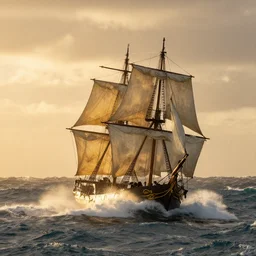 pirate sloop, heavy winds, huge waves, golden hour, dramatic lighting, color photography 8 5 mm / f 1. 8