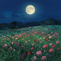 field of flowers at night, lit by moonlight, landscape art by studio ghibli, vintage retro, digital art, trending on artstation, symmetry!!, volumetric lighting