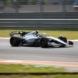 a car designed by zaha hadid, alone on a race track. telephoto.