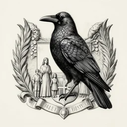 a crow with dragonscales, centered on family crest, coat of arms, pencil and ink, very detailed, artstation, mysterious, mythical, greek mythology, norse mythology, full frame, dramatic shading, jonathan pointer, janie penny,