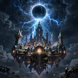 a floating city high above hell, a blackhole sun sparks with blue lightning, fantasy, dramatic pose, intricate, detailed, rpg artwork, deep focus, dramatic lighting, volumetric lighting, 8 k, by mariusz lewandowski