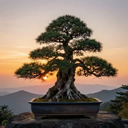 a giant bonsai on a mountain, with sunset, far shot, HDR, 8k, trending on artstation