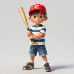 a young boy wearing a horizontal striped shirt and a red baseball cap and jean shorts, holding a baseball bat, centered composition, digital painting, artstation, concept art, sharp focus, octane render, illustration, art by geof darrow,