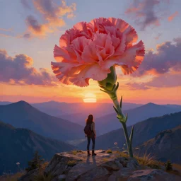 giant carnation flower as a head, girl hiking in the mountains, surreal photography, sunrise, dramatic light, impressionist painting, colorful clouds, digital painting, artstation, simon stalenhag