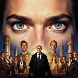 close up sci - fi concert poster art simon stalenhag alex trebek eyes, jeopardy!, elegant, highly detailed, centered, digital painting, concept art, smooth, sharp focus, illustration, artgerm, tomasz alen kopera, peter mohrbacher, donato giancola, joseph christian leyendecker, wlop, frank frazetta