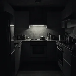 underexposed photography, dark underground kitchen