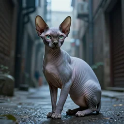 a cyborg! sphynx cat!!, in a cyberpunk alleyway by sandro botticelli