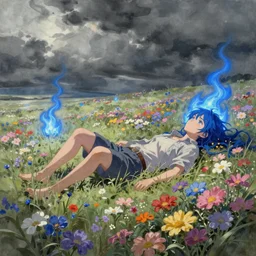 scenes, dynamic composition, motion, ultra - detailed, incredibly detailed, a lot of details, amazing fine details and brush strokes, colorful and grayish palette, smooth, hd semirealistic anime cg concept art digital painting, watercolor oil painting of sea of flowers, in style of deemo, blue flame, relaxing, calm and mysterious vibes