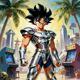 19-year-old muscular warrrior girl wearing chrome silver armor, electrified hair, wild spiky black Saiyan hair, wild black hair, tropical, palm trees, chrome buildings, futuristic base, 1987, Frank Frazetta, pulp art, arcade cabinet art, HD art, wallpaper