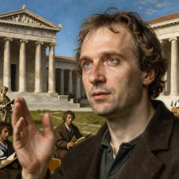 closeup portrait of slavoj zizek teaching philosophy in the academy of athens in ancient greece, highly detailed renaissance style painting