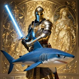 blue thresher shark wearing medieval knight armor, shark holding a lightsaber, fantasy, wonderful masterpiece highly detailed, scifi, beautiful cinematic light deep focus, elegant, digital painting, smooth, sharp focus, golden ratio, dramatic illumination, ultra realistic, 8 k, art by ilya kuvshinov, artgerm, alphonse mucha, and greg rutkowski