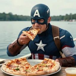 a very high resolution image from a new movie. captain america eating pizza on a lake, photorealistic, photography, directed by wes anderson