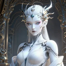 portrait of an absurdly beautiful, graceful, sophisticated, fashionable cyberpunk mechanoid, hyperdetailed illustration by irakli nadar and vania zouravliov, matt wisniewski style, intricate linework, white porcelain skin, metal tribal headdress, day - glow face paint, unreal engine 5 highly rendered, global illumination, radiant light, detailed and intricate environment