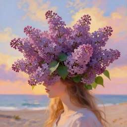 closeup, giant lilac head, girl on beach, surreal photography, golden hour, colorful clouds, impressionist painting, digital painting, artstation, simon stalenhag