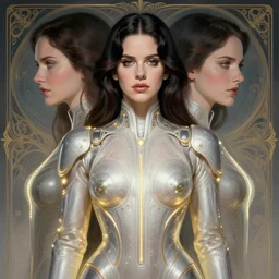 symmetry portrait of lana del rey, sci - fi, tech wear, glowing lights intricate, elegant, highly detailed, digital painting, artstation, concept art, smooth, sharp focus, illustration, art by artgerm and greg rutkowski and alphonse mucha